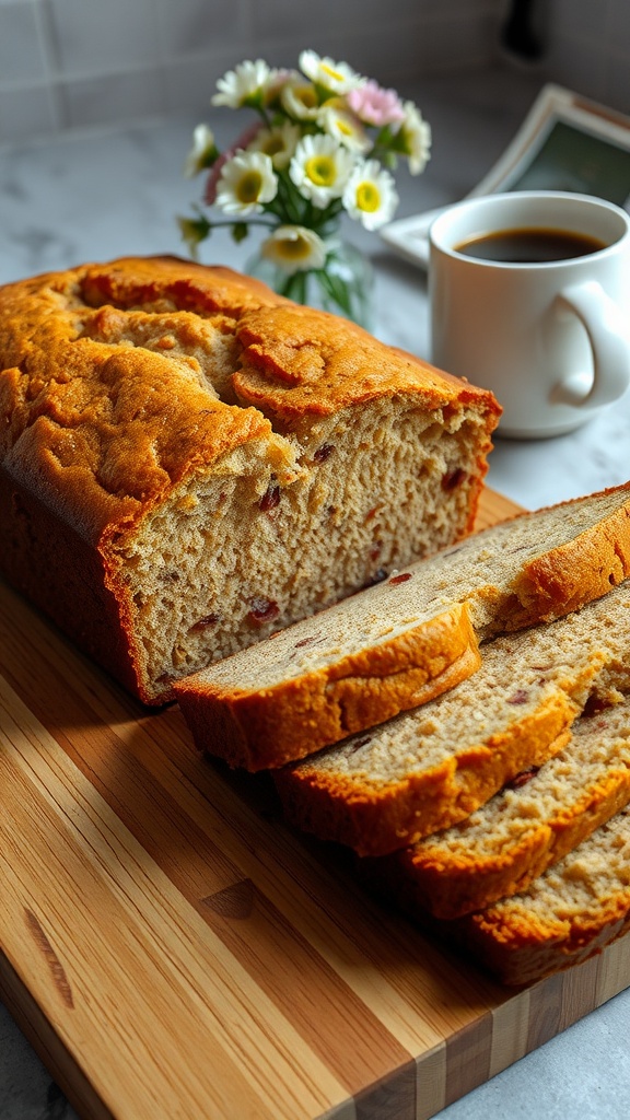 Moist and Flavorful Banana Bread Recipe A sliced loaf of banana bread on a cutting board with a cozy kitchen setting in the background.