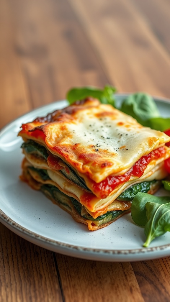 A plate of eggplant and spinach lasagna with layers of pasta, sauce, and cheese.
