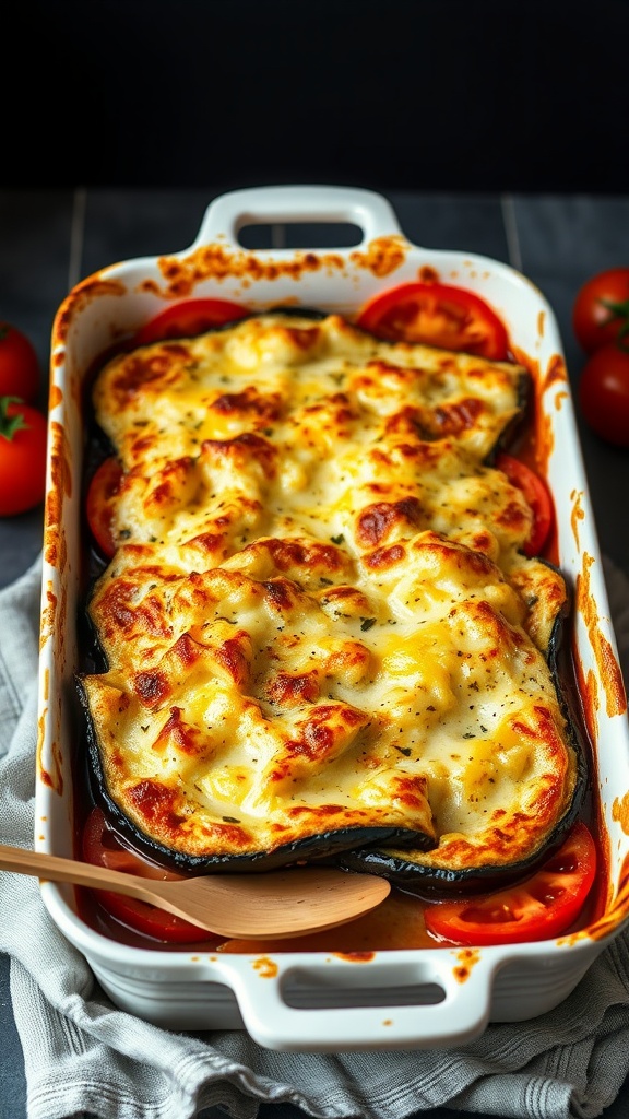 A delicious eggplant and tomato gratin with melted cheese on top.