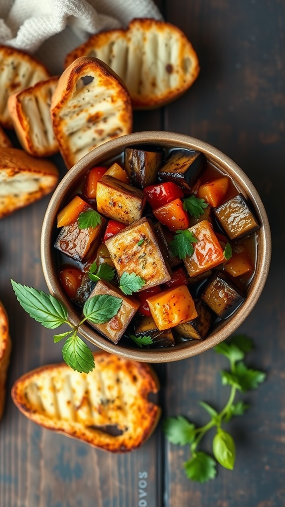 A bowl of colorful eggplant caponata served with toasted crostini on the side.