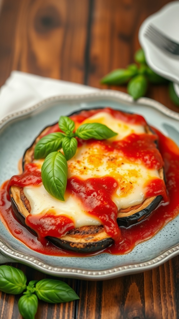 Plate of Eggplant Parmesan with marinara sauce and fresh basil