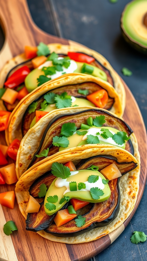 Delicious eggplant tacos topped with fresh vegetables and avocado cream.