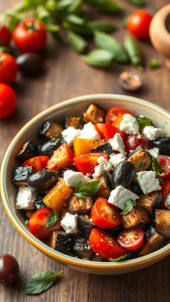 A vibrant Mediterranean eggplant salad with diced eggplant, cherry tomatoes, olives, and feta cheese, garnished with basil.