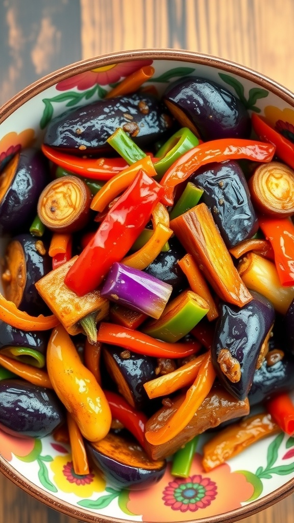 A colorful bowl of Spicy Szechuan Eggplant Stir-Fry with various vegetables.