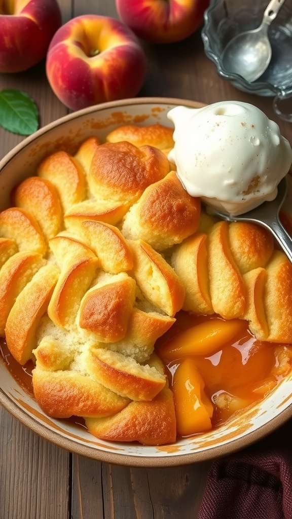 Classic Southern Peach Cobbler Recipe A delicious peach cobbler topped with a scoop of vanilla ice cream, served in a rustic dish with fresh peaches around.