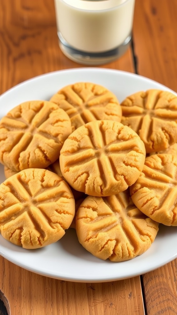 Classic Peanut Butter Cookies Recipe A plate of golden peanut butter cookies with a fork crisscross pattern, alongside a glass of milk.