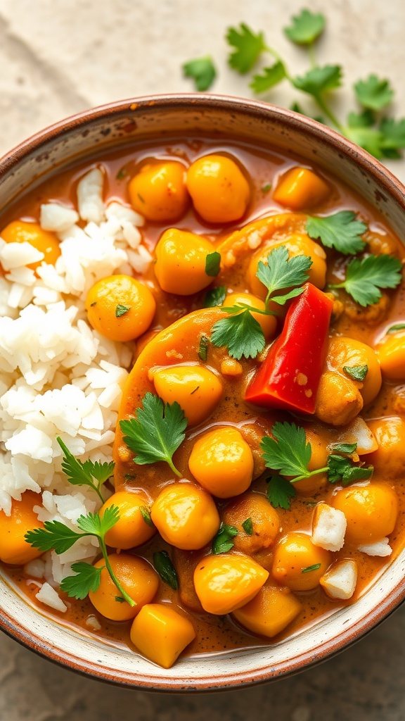 A bowl of Bell Pepper and Chickpea Curry served with rice and garnished with cilantro.