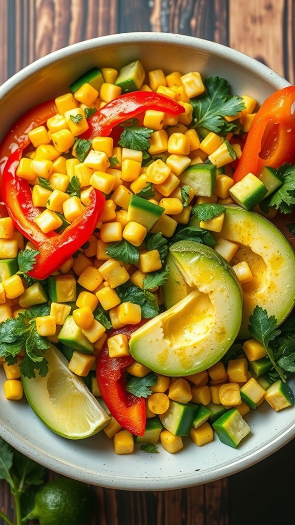 A colorful bell pepper and corn salad with avocado and lime