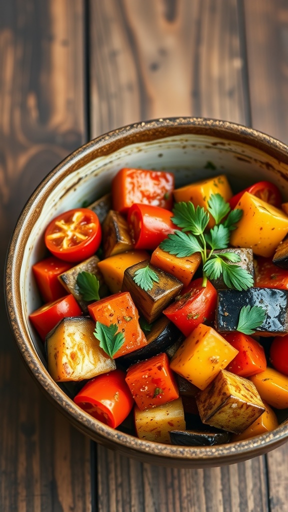 A bowl of colorful bell pepper and eggplant ratatouille with fresh herbs