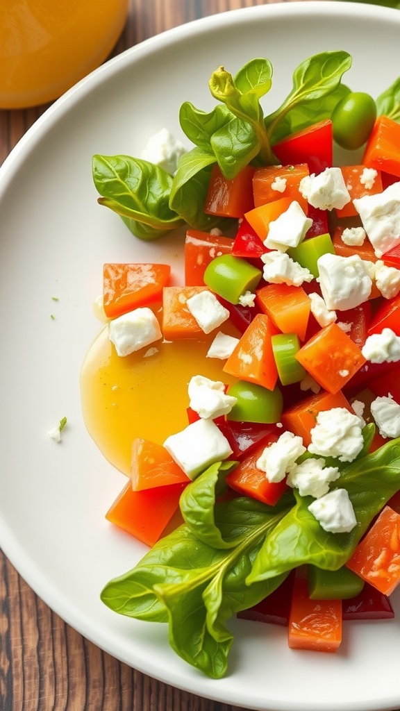 A vibrant salad featuring diced bell peppers and crumbled feta cheese, drizzled with lemon dressing.