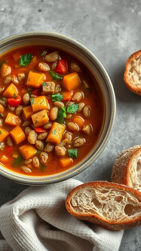 A warm bowl of bell pepper and lentil stew, served with bread on the side.