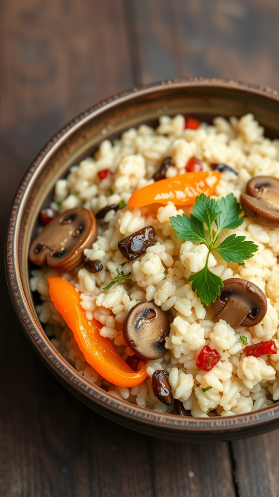 A bowl of bell pepper and mushroom risotto garnished with parsley.
