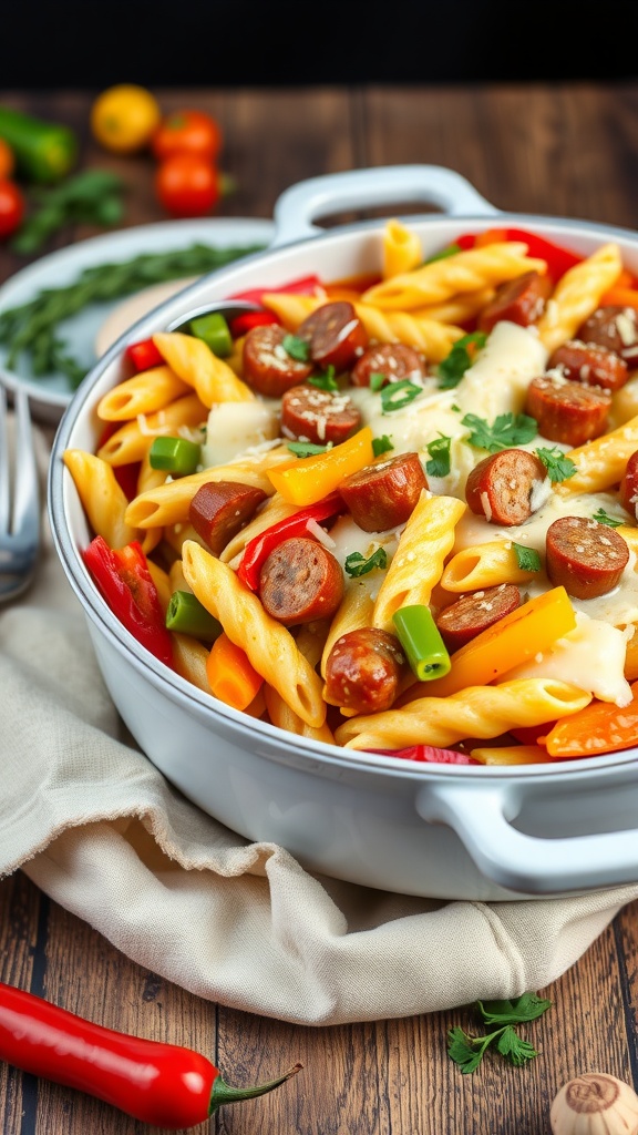 A delicious pasta bake featuring sausage and colorful bell peppers.