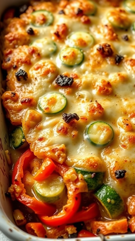 Baked bell pepper and zucchini gratin with a cheesy topping.