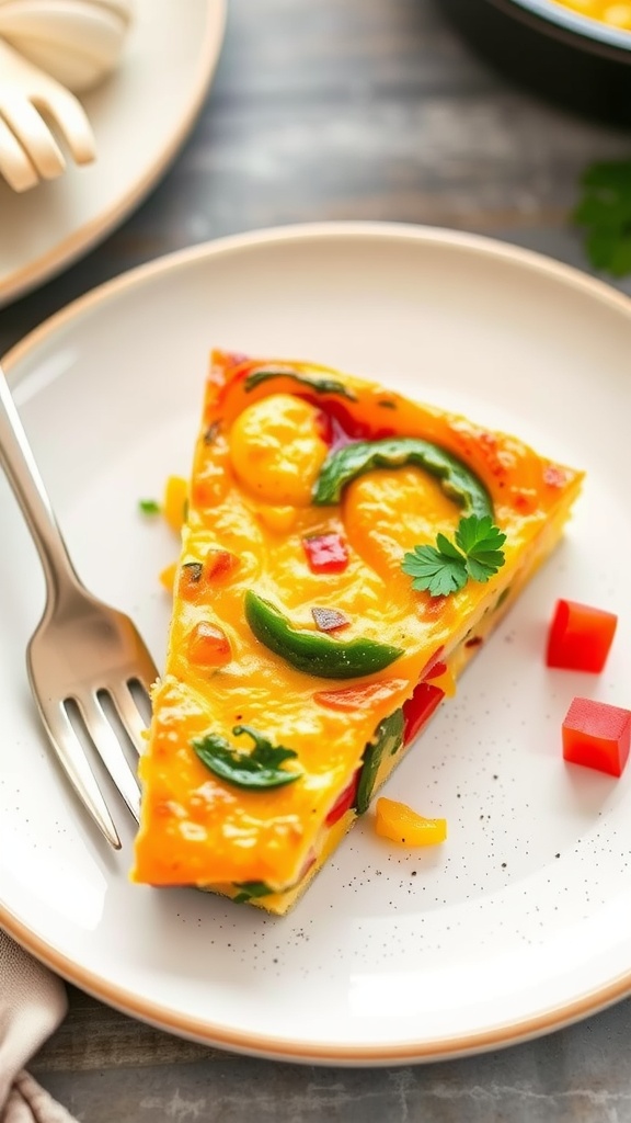 A slice of bell pepper frittata served on a plate with colorful diced vegetables on the side.