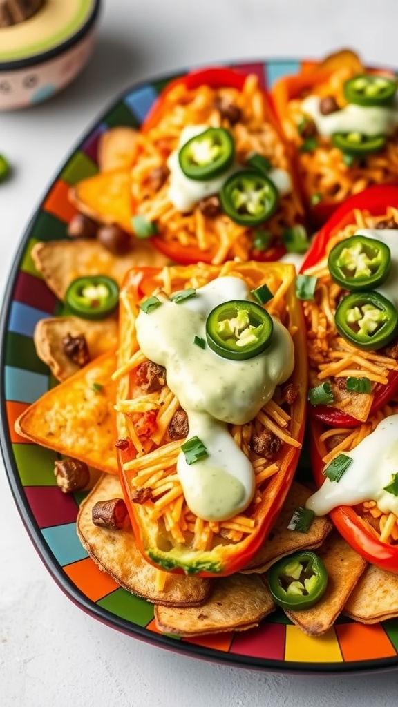 A colorful plate of bell pepper nachos topped with cheese, jalapeños, and avocado cream.