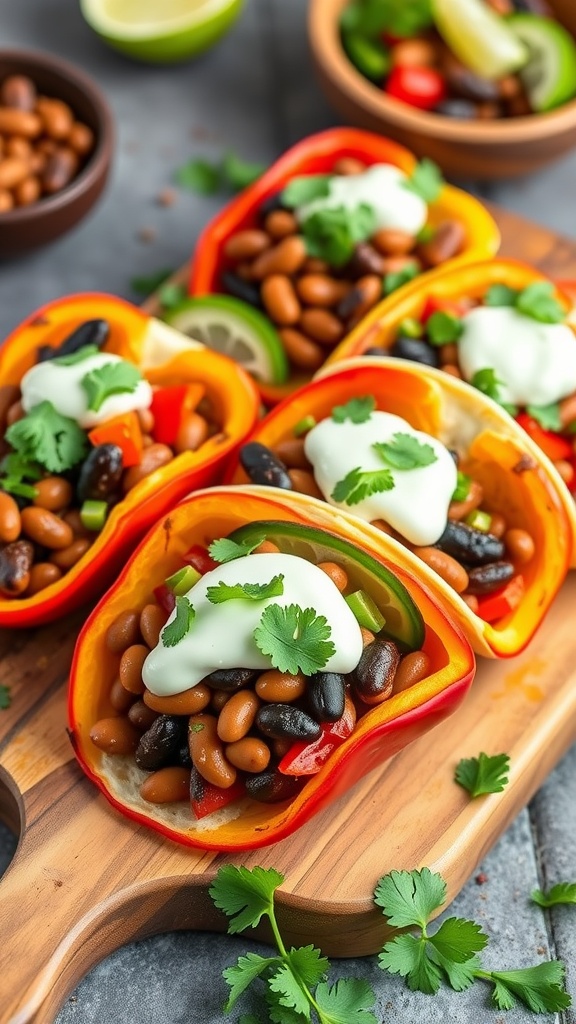 Colorful bell pepper tacos filled with beans and topped with cilantro lime crema
