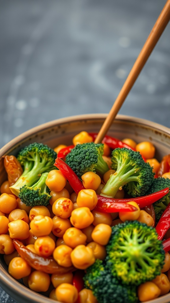 Chickpea and broccoli stir-fry in a bowl with chopsticks
