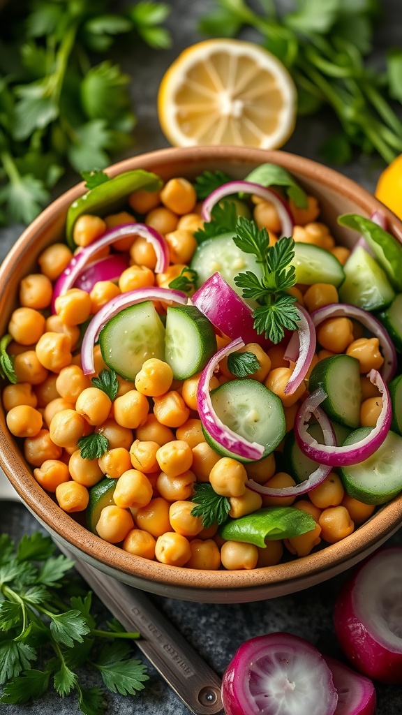 Chickpea and cucumber salad with fresh herbs and vegetables