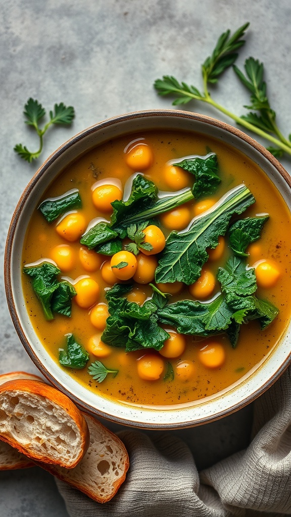A bowl of chickpea and kale soup with fresh ingredients and crusty bread on the side.