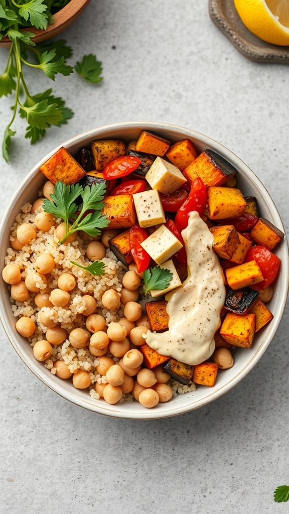 Chickpea and Quinoa Bowl with roasted vegetables and tahini sauce