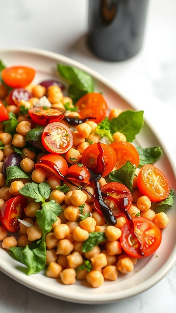 A fresh salad with chickpeas, cherry tomatoes, and leafy greens.