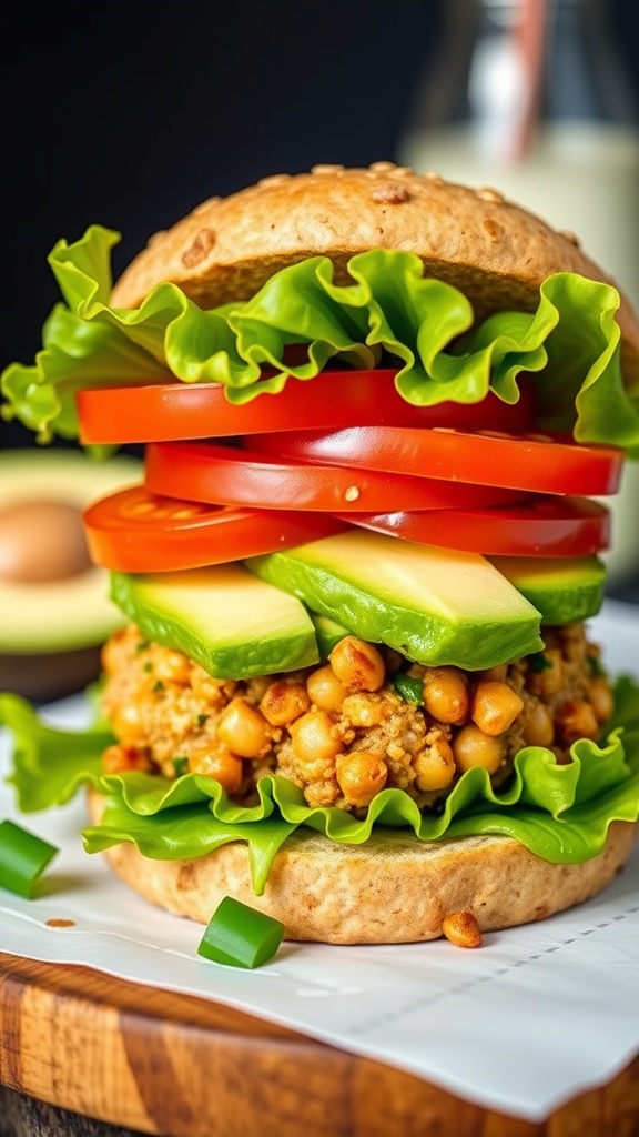 A delicious chickpea burger topped with fresh vegetables like lettuce, tomatoes, and cucumbers on a wooden board.