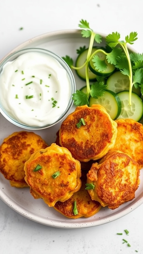 Chickpea fritters served with tzatziki sauce and cucumber slices