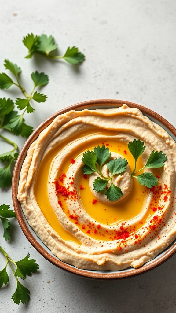 Chickpea hummus topped with olive oil, paprika, and parsley in a bowl.