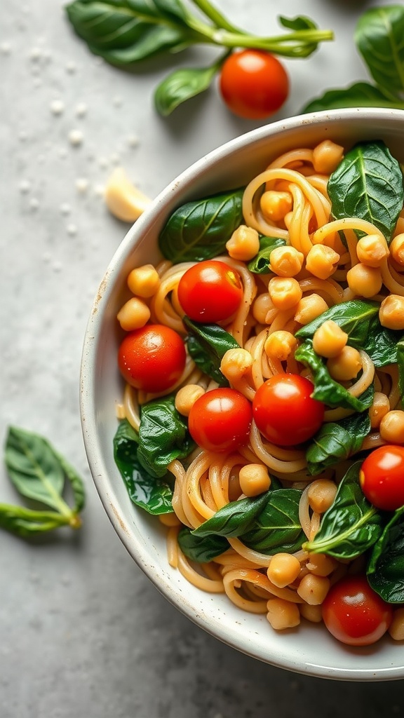 A bowl of chickpea pasta with spinach and cherry tomatoes