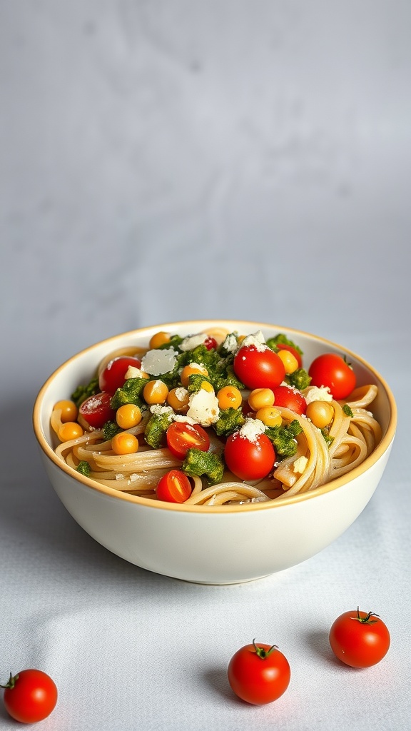 A bowl of chickpea pesto pasta topped with cherry tomatoes and greens.