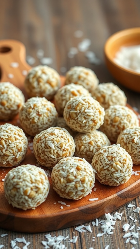 A plate of chickpea protein balls coated with shredded coconut