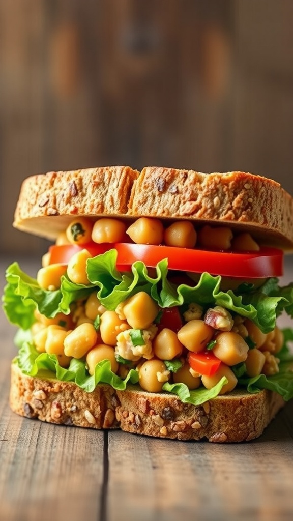 A colorful chickpea salad sandwich layered with lettuce, tomatoes, and chickpea mixture on whole grain bread.
