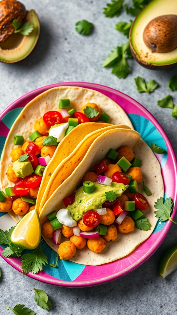 Chickpea tacos with fresh toppings and avocado lime crema served on a colorful plate.