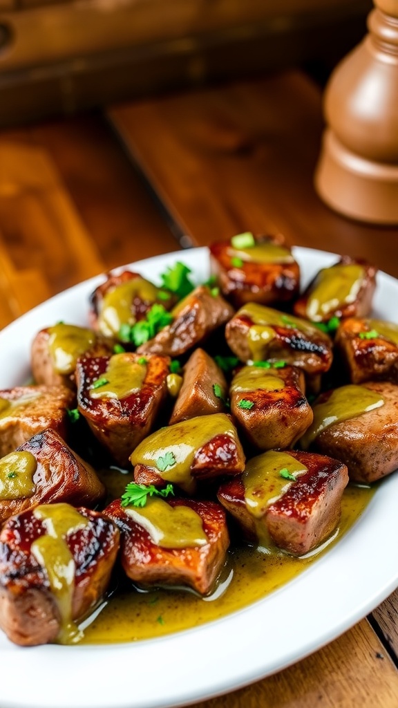 Savory Garlic Butter Steak Bites Recipe Delicious garlic butter steak bites garnished with parsley, served on a rustic table.