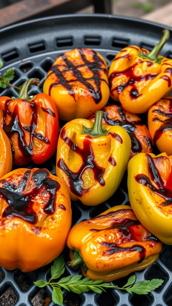 Grilled bell peppers drizzled with balsamic glaze on a grill