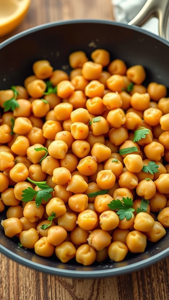 A bowl of lemon garlic chickpeas garnished with parsley