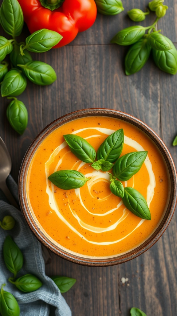 A bowl of creamy roasted bell pepper soup garnished with fresh basil leaves.