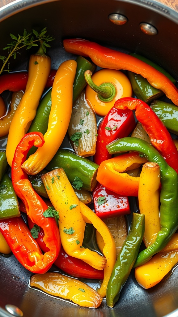 Sautéed bell peppers in a skillet with garlic and olive oil