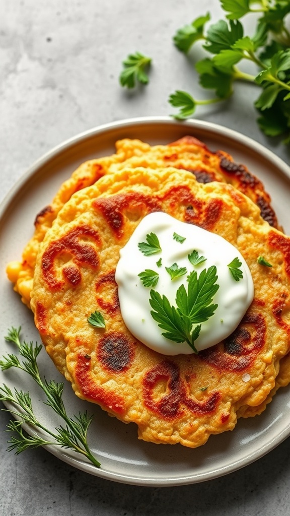 Savory chickpea pancakes served with yogurt and fresh herbs