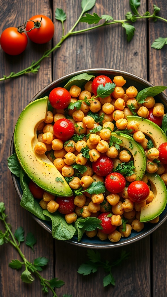 A vibrant spiced chickpea salad with avocado slices and cherry tomatoes in a bowl.