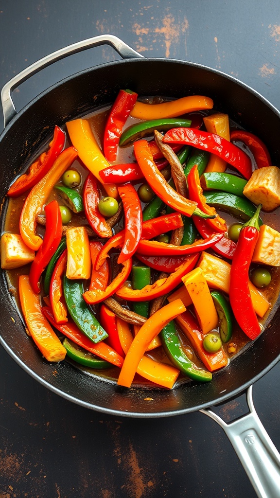 A colorful stir-fry featuring various bell peppers and vegetables.