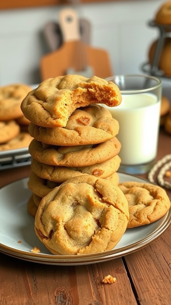 Soft and Chewy Brown Sugar Cookies Recipe A stack of soft brown sugar cookies on a plate with a glass of milk.