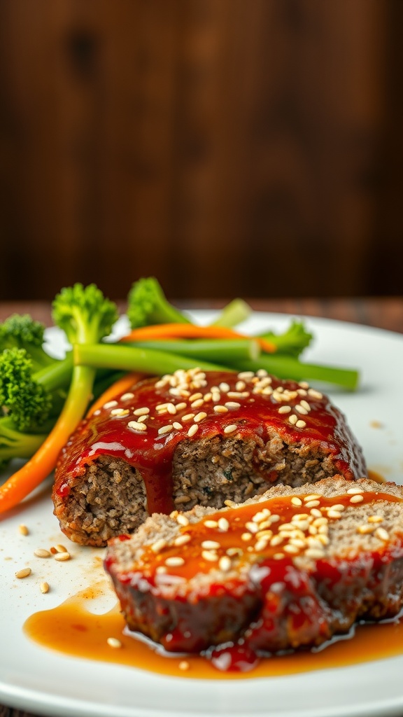 Asian Glazed Meatloaf with sesame seeds, served with broccoli and carrots
