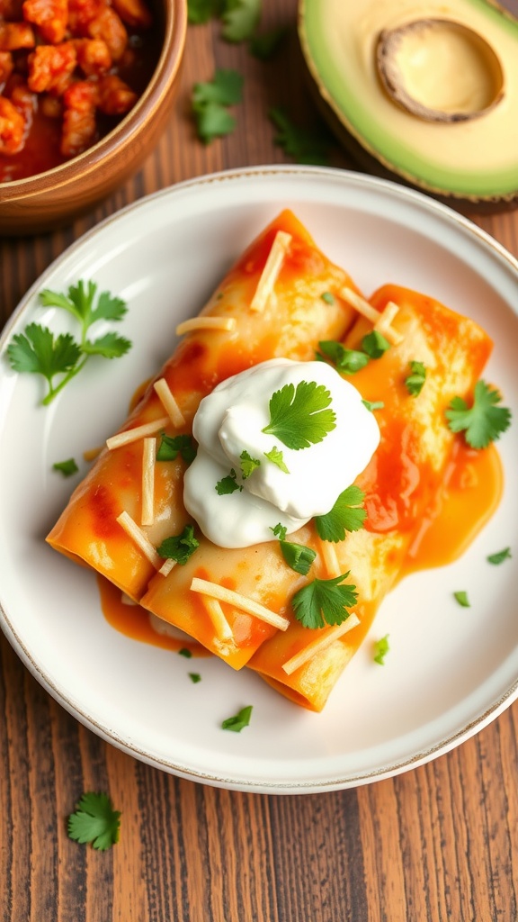 Plate of chicken enchiladas topped with sour cream and cilantro.