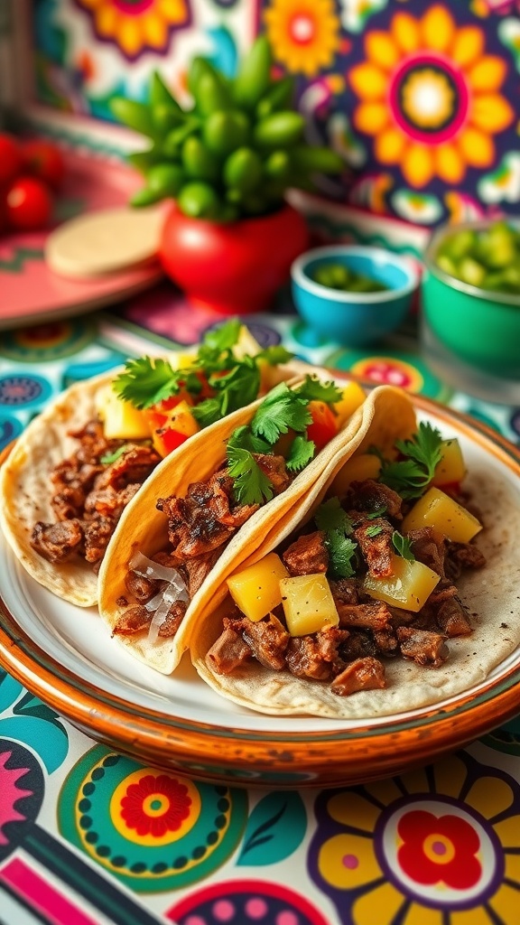Three tacos al pastor topped with pineapple and cilantro on a colorful plate.