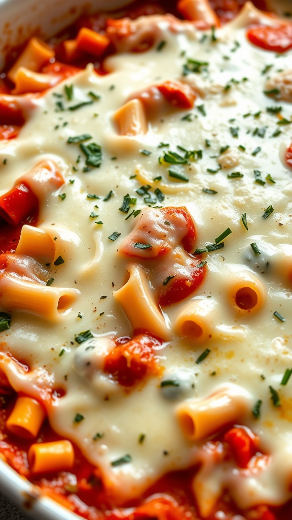 Baked Ziti with Mozzarella topped with herbs