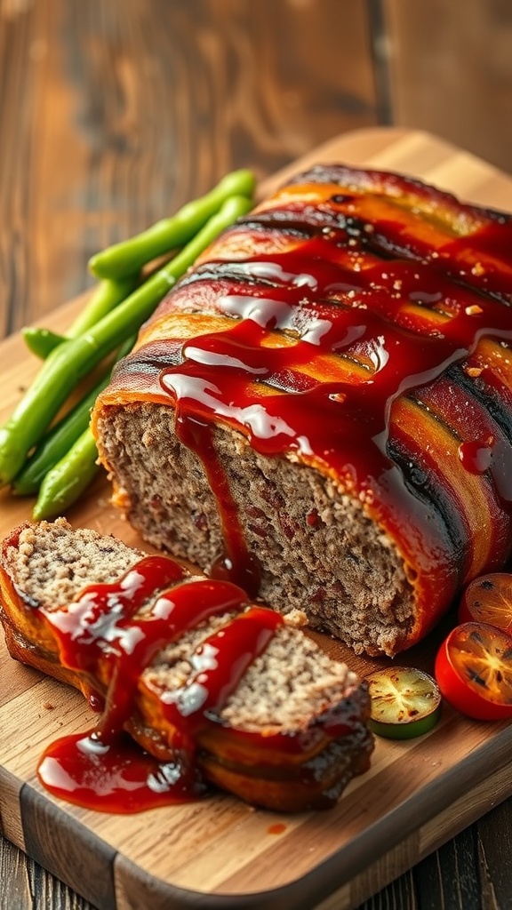 BBQ Bacon Wrapped Meatloaf served with green beans and cherry tomatoes