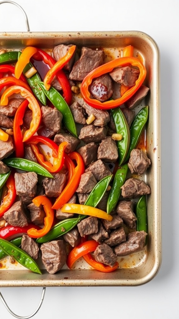 A colorful sheet pan dinner featuring beef chunks and vibrant vegetables.