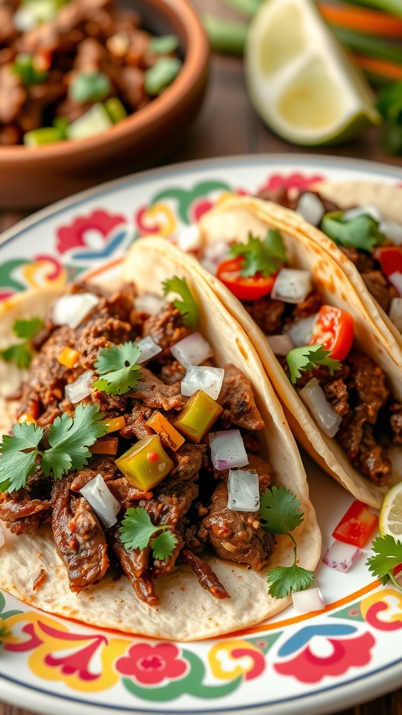 Delicious Beef Barbacoa Tacos with fresh toppings.